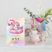 フォト ランbow ユニコーン 1歳 女の子 パステル 招待状 (スタンド正面)