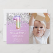 フォト レインボー スパークル 1歳の誕生日 招待状 (正面)