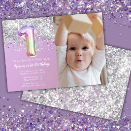 フォト レインボー スパークル 1歳の誕生日 招待状
