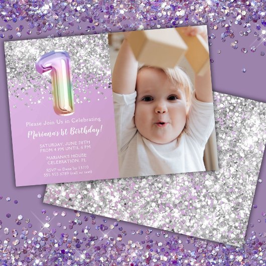 フォト レインボー スパークル 1歳の誕生日 招待状
