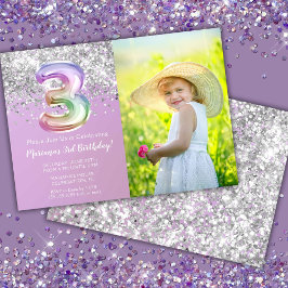 フォト レインボー スパークル 3歳の誕生日 招待状