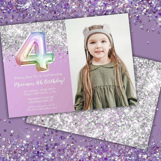 フォト レインボー スパークル 4歳の誕生日 招待状