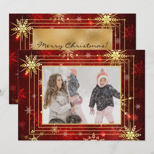 フォト レッド ゴールド スノーフレーク クリスマス  ホリデー (正面/裏面)