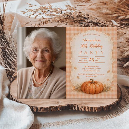 フォト レトロなカボチャのフラワー 90歳の誕生日 招待状