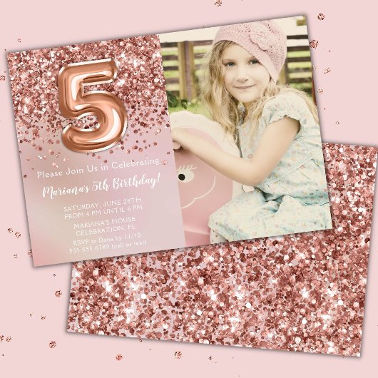 フォト ローズゴールド キッズ ガール 5歳 誕生日パーティー 招待状