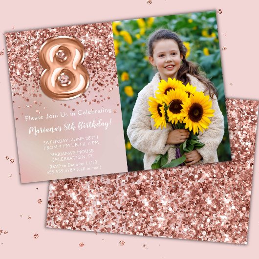 フォト ローズゴールド キッズ ガール 8歳の誕生日パーティー 招待状