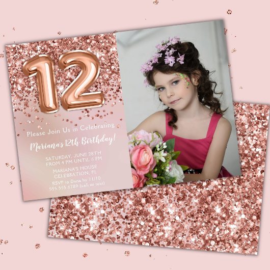 フォト ローズゴールド 女の子 12歳 誕生日パーティー 招待状