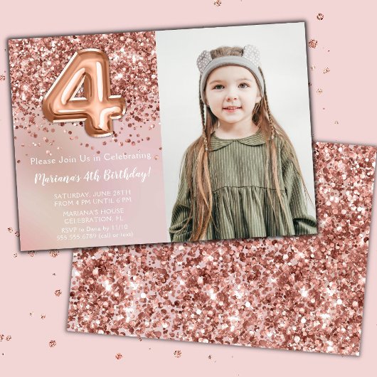 フォト ローズゴールド 女子4歳の誕生日パーティー 招待状