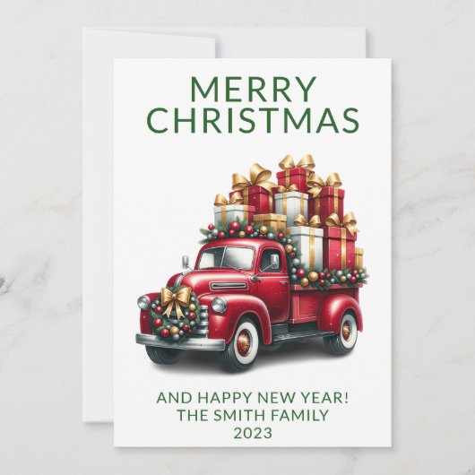 フォト ヴィンテージ トラック プレゼンツ グリーン クリスマス 招待状 (正面)