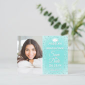 フォト 卒業おめでとう 保存日 現代的なターコイズブルー 案内ポストカード (スタンド正面)