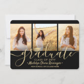 フォト 卒業 コラージュ ブラック ゴールド スクリプト 案内状 (正面)