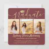フォト 卒業 コラージュ モダン バーガンディ & ゴールド 案内状 (正面)
