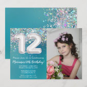 フォト 12歳の誕生日招待状 ティールシルバーグリッター 招待状 (正面/裏面)