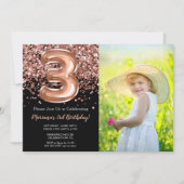 フォト 3歳 ブラック+ローズゴールド グリッター 誕生日 招待状 (正面)