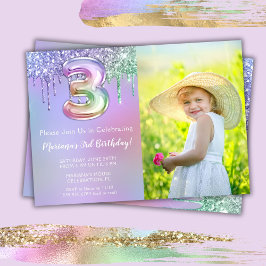フォト 3歳 紫 ピンク グリッター ドリップ 誕生日パーティー 招待状