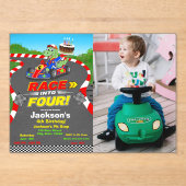 フォト 4歳の誕生日 恐竜 レーシングカー Ready Set アクリル招待状 (正面)