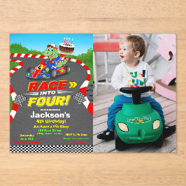 フォト 4歳の誕生日 恐竜 レーシングカー Ready Set アクリル招待状