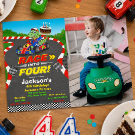 フォト 4歳の誕生日 恐竜 レーシングカー Ready Set アクリル招待状