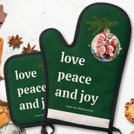 フォト Love Peace Joy クリスマス ファミリー フォレスト グリーン 鍋つかみ&鍋敷きセット