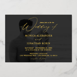 フォトB&W水平4モダン'フ結婚ルダーク 箔招待状