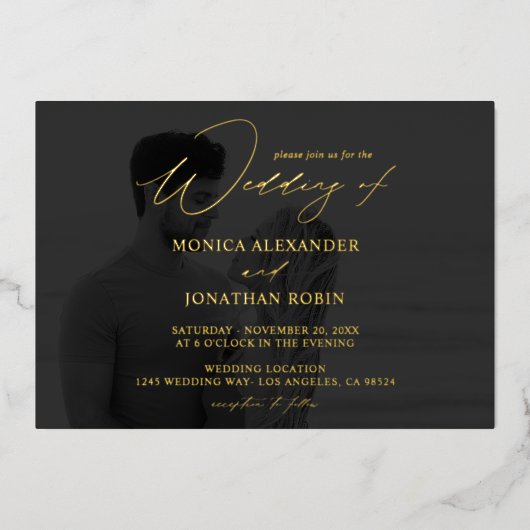 フォトB&W水平4モダン'フ結婚ルダーク 箔招待状 (正面)