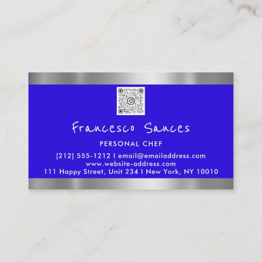 フォトQRコードパーソナルシェフ料理ブルー 名刺 (裏面)