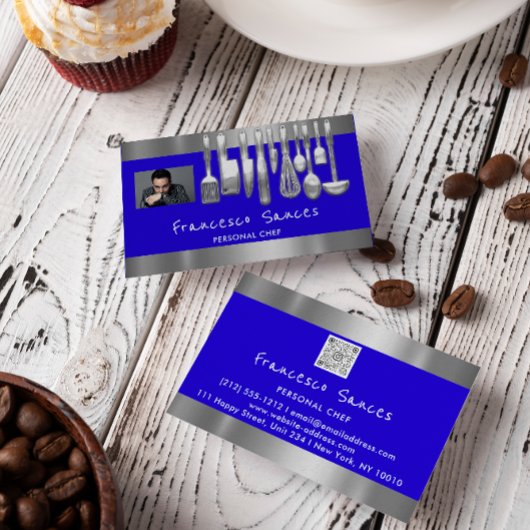 フォトQRコードパーソナルシェフ料理ブルー 名刺