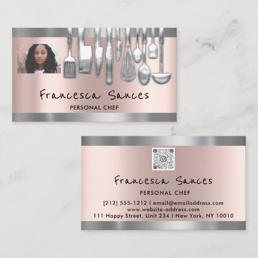 フォトQRコードパーソナルシェフ料理ラウンジシルバー 名刺 (正面/裏面)