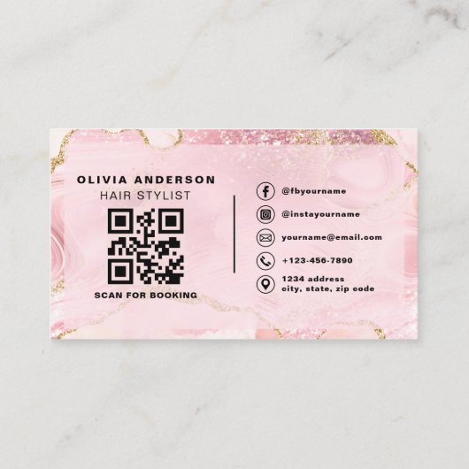 フォトQRコード美容師ピンクアゲイト大理石 名刺 (裏面)