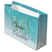 フォリングティール（緑がかった色）ブルーグリッタースウィート16誕生日 ラージペーパーバッグ (正面アングル)