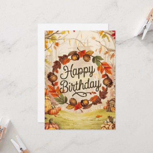 フォレお洒落ストウォーミングオータム秋ハッピーバースデー カード (正面/裏面インサイチュ)