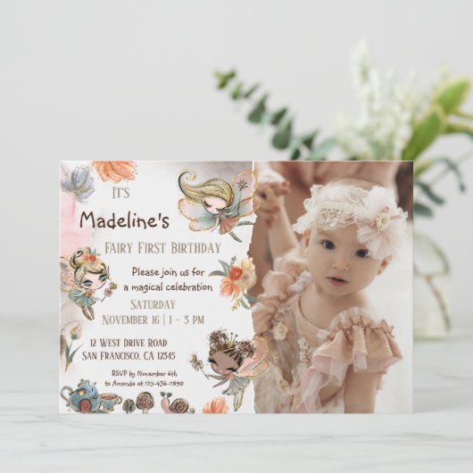 フォレお洒落ストフェアリー女子ファースト誕生日写真 招待状 (スタンド正面)