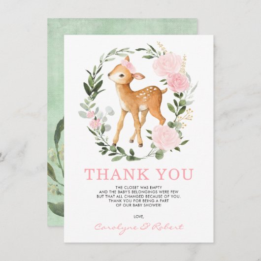 フォレガーリーストディアファウンウッドランドグリーンベビー サンキューカード (正面/裏面)