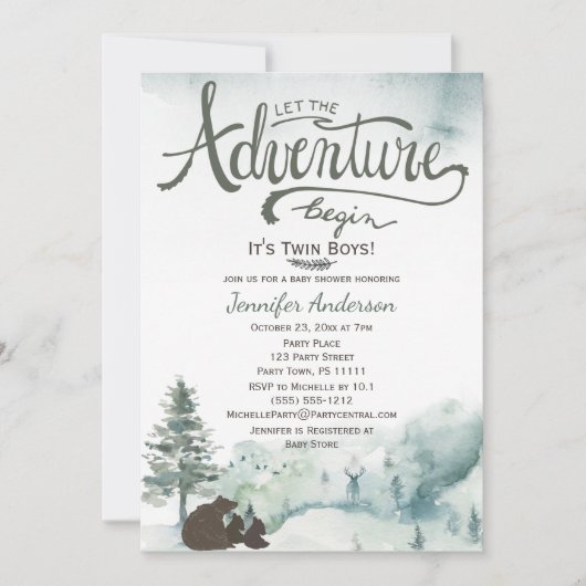 フォレストアドベンチャーボーイカントリーツインボーイズベビーシャワー 招待状 (正面)
