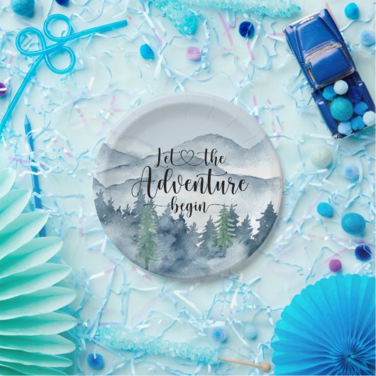 フォレストアドベンチャーマウンテンズブルーベビーシャワー ペーパープレート (パーティー)