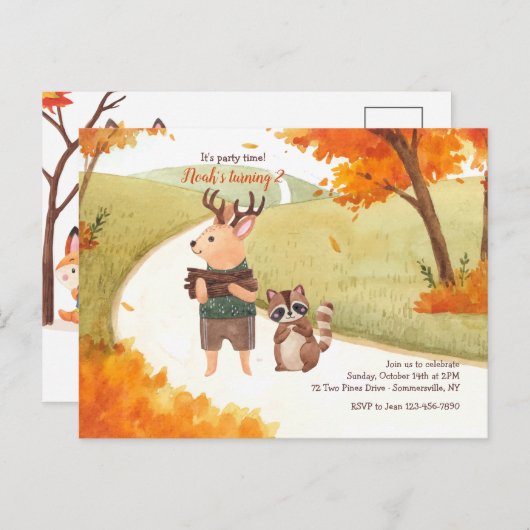 フォレストアニマルズはがき誕生日招待状 ポストカード (正面/裏面)