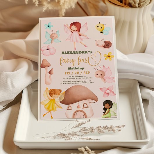 フォレストウォーターカラーグリーンリーフェアリー最初の誕生日 招待状