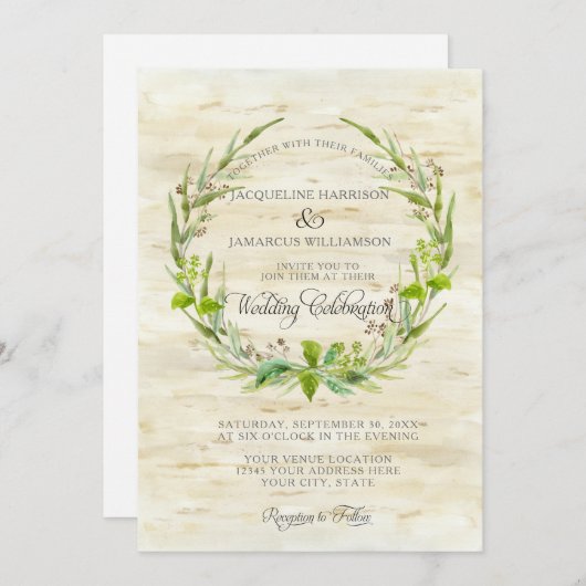 フォレストウッドウッドランドBOHO樺の木バークウッドリース 招待状 (正面/裏面)