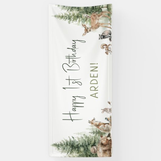 フォレストウッドランドアニマルズハッピーバースデーへようこそ 横断幕 (縦)