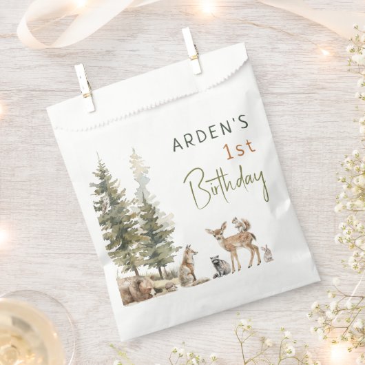 フォレストウッドランドアニマルズ子供の誕生日パーティー フェイバーバッグ (クリップ留めされた状態)