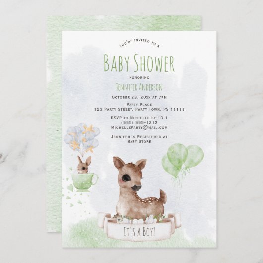 フォレストウッドランドベビーディアウォーターカラー 招待状 (正面/裏面)