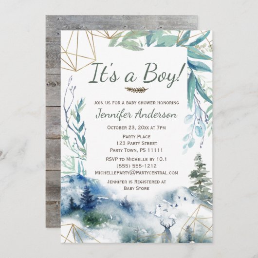 フォレストウッドランド金ゴールドカントリーシカボーイベビーシャワー 招待状 (正面/裏面)