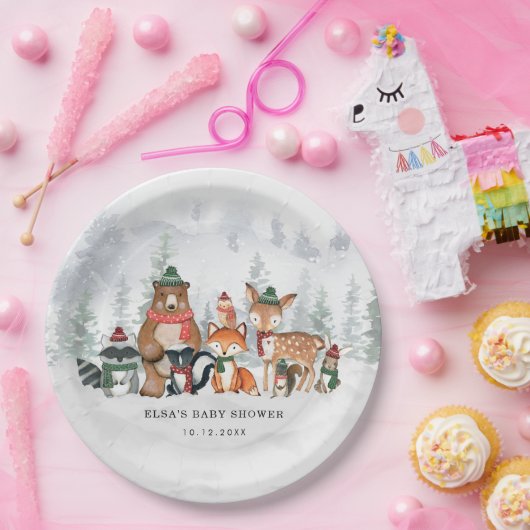 フォレストウ霜の降りたィンターウッドランドベビーアニマルズホリデー ペーパープレート (パーティー)