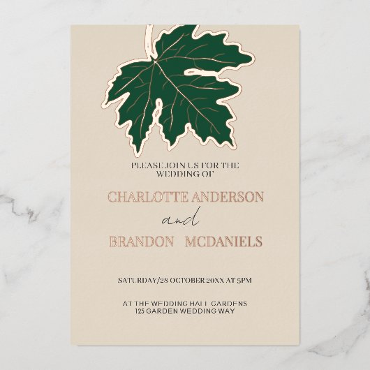 フォレストオータムメイプルリーフ結婚のバラ金ゴールド 箔招待状 (正面)