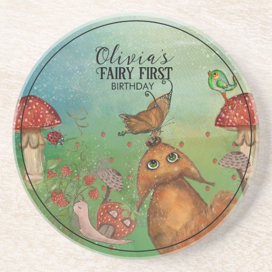 フォレストキツネ、カタツムリ妖精ファースト誕生日 コースター (正面)