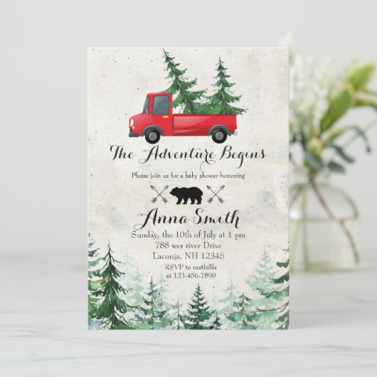 フォレストクリスマスツリーレッドベイビーシャワー招待状 招待状 (スタンド正面)