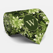 フォレストグリーンとクリームのボタニカル ネクタイ (ロール)