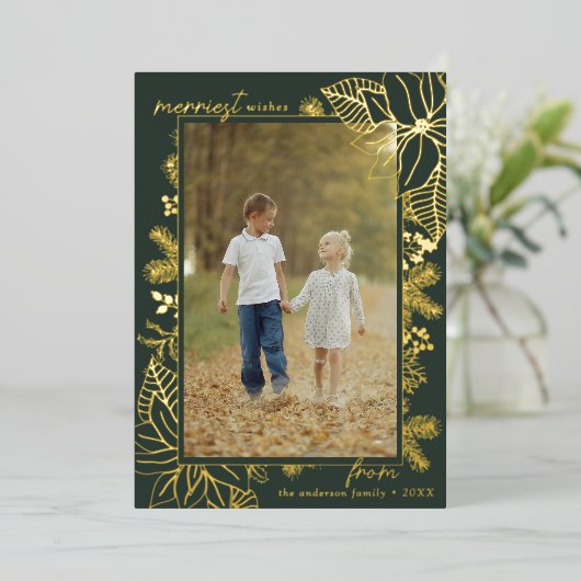 フォレストグリーンとゴールド | 縦写真 クリスマス 箔シーズンカード (立ち正面)