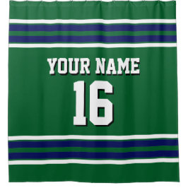 フォレストグリーンとネイビーホワイトストライプスポーツジャージー シャワーカーテン