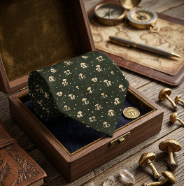 フォレストグリーンのキノコと繊細なゴールドの菌類モチーフ ネクタイ